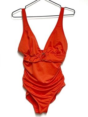 New MICHAEL KORS Coral Swimsuit Adjustable Straps Gold Front Detail Sz 12